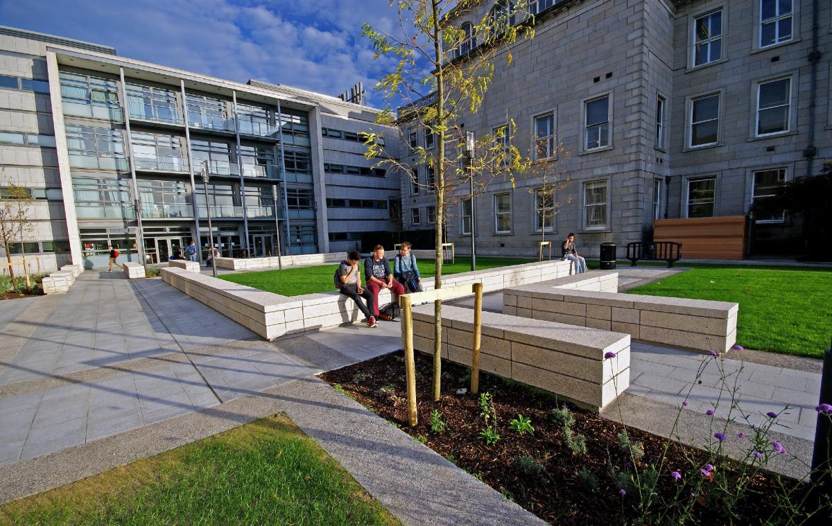 Photo showing the fellows' square of Trinity College Dublin. No building in particular is focused on