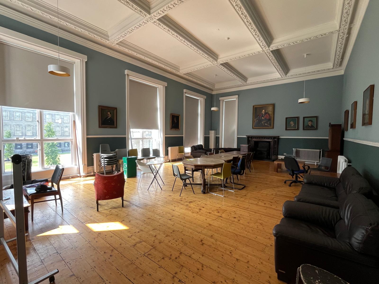 Photo showing the fellows' square of Trinity College Dublin. No building in particular is focused on